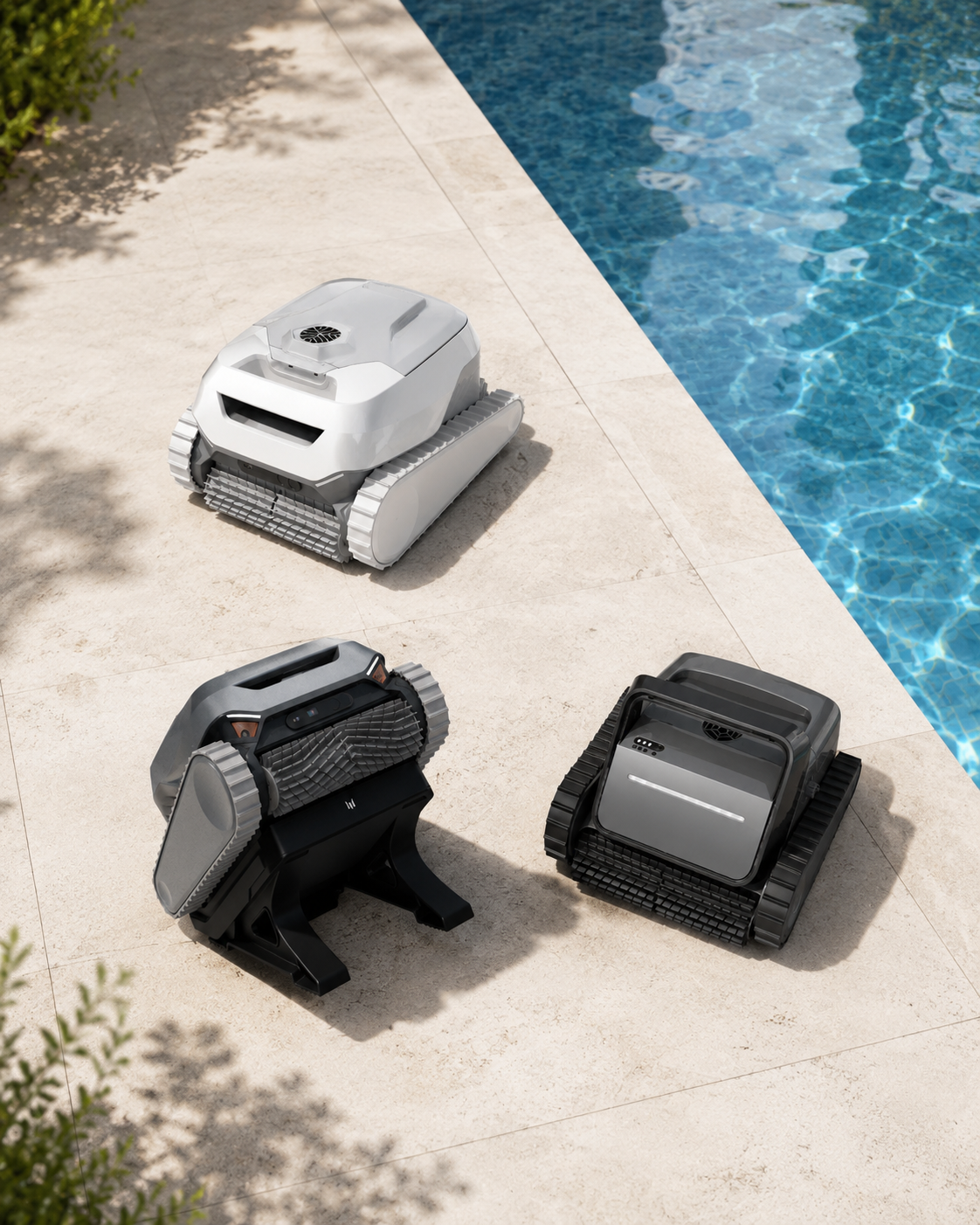 Bluvabot cordless robotic pool cleaners beside a swimming pool